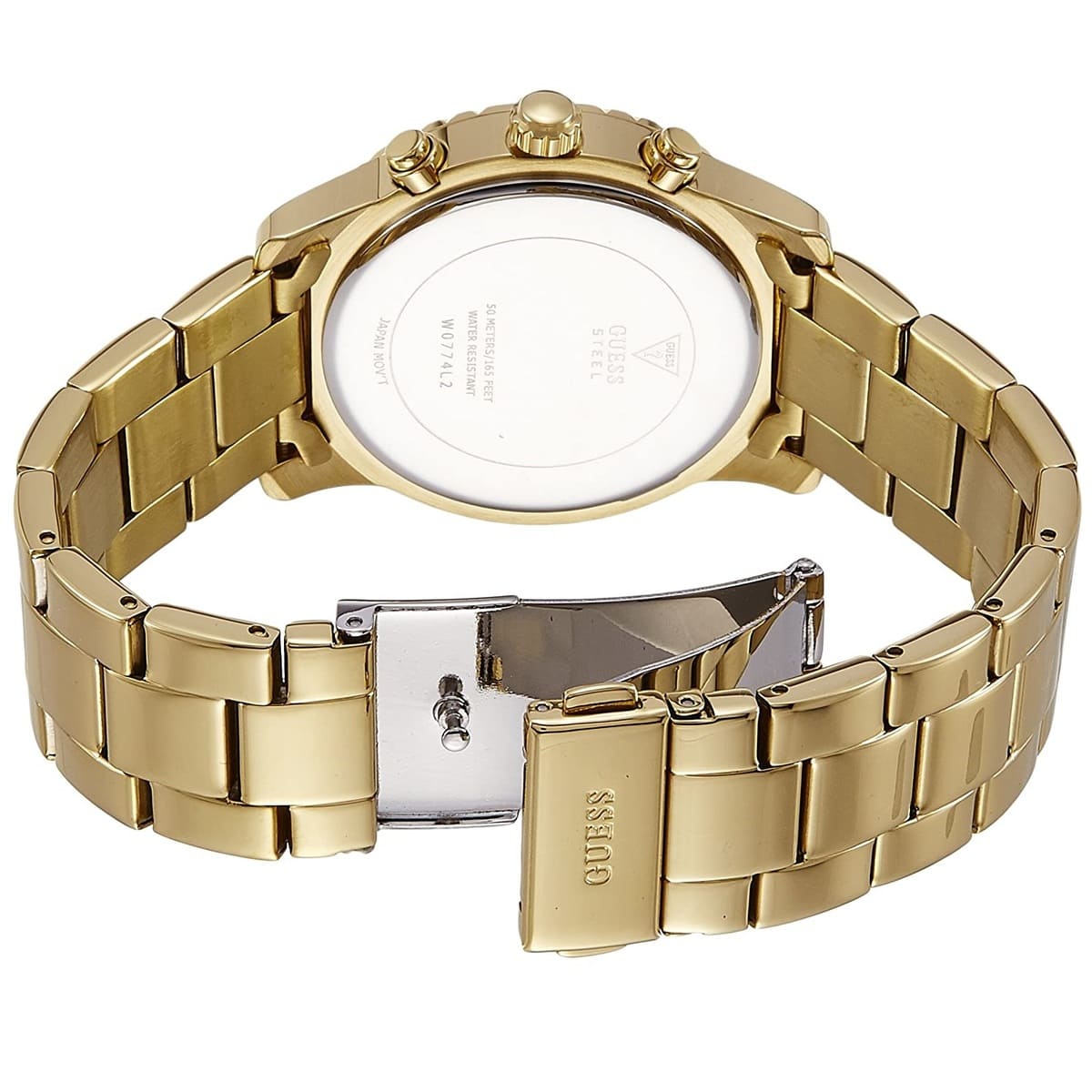 Photo of the gold deployment clasp on the metal strap of Guess W0774L2
