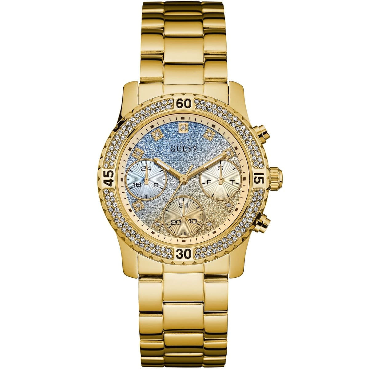 Authentic real-life photo of Guess W0774L2 showing actual gold shine and glitter ombre dial
