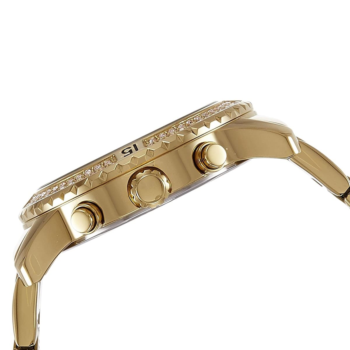 Side view photo of Guess W0774L2 showing case thickness and metal strap
