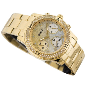 Perspective photo of Guess W0774L5 showing the side of the crystal bezel