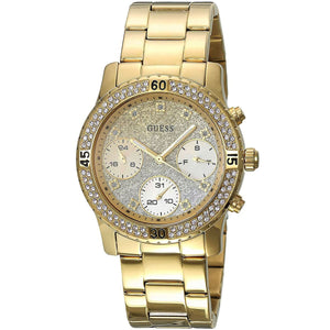 Angled real-life photo of Guess W0774L5 showing the gold case and metal strap