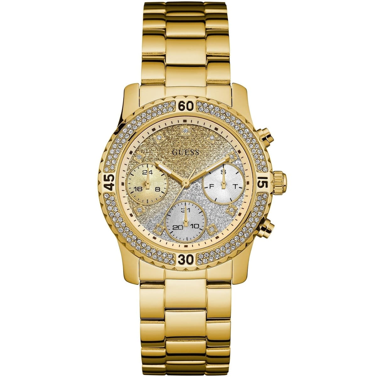 Authentic real-life photo of Guess W0774L5 showing actual gold shine and glitter ombre dial