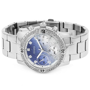 Right side profile of Guess W0774L6 highlighting the polished silver tone and crown