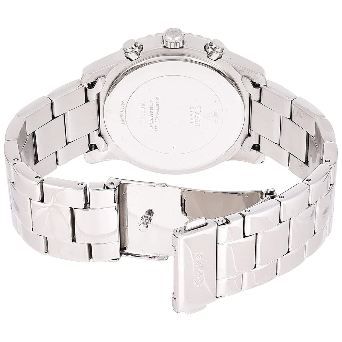 Silver stainless steel deployment buckle clasp with Guess logo on the bracelet of the W0774L7
