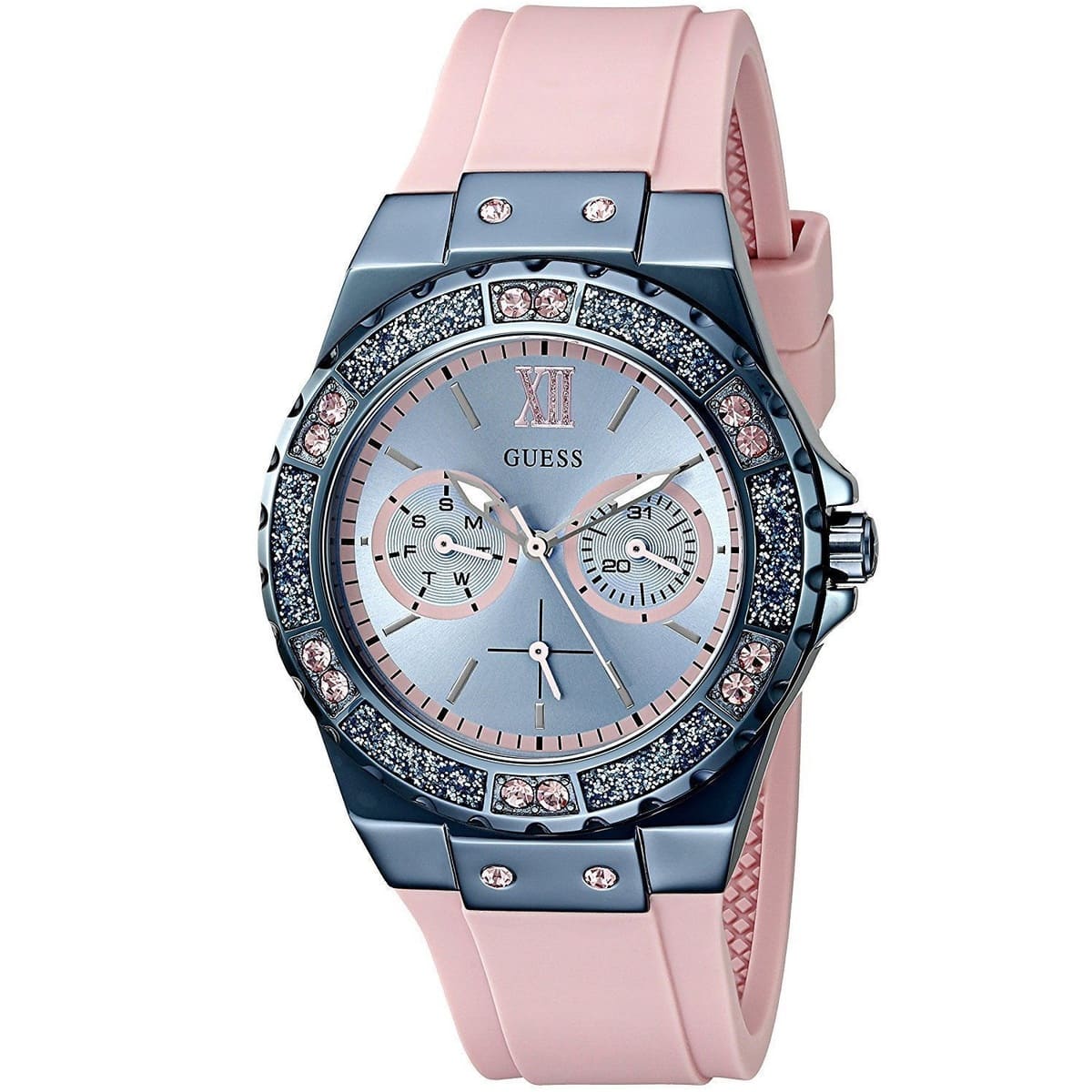 Angled real-life photo of Guess W0775L5 showing the blue case and pink strap