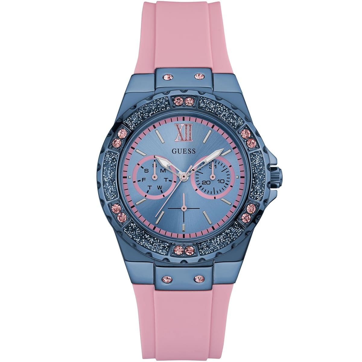 Authentic real-life photo of Guess W0775L5 showing actual blue case and pink rubber strap