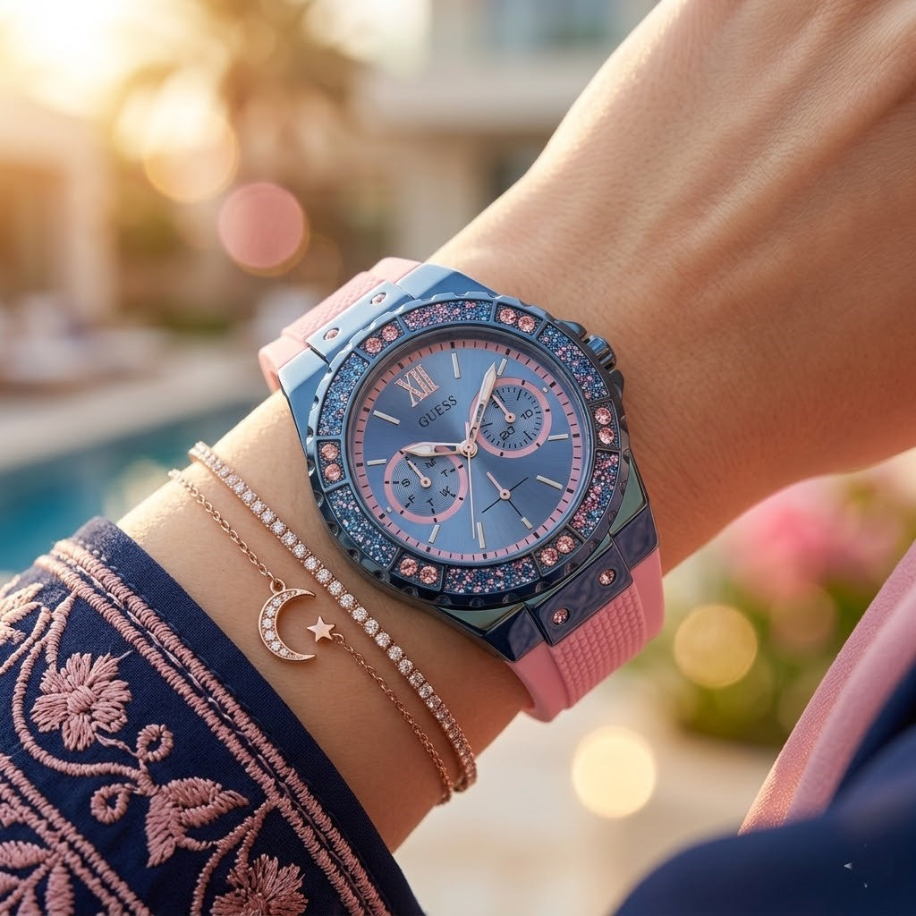 Close up shot of Guess W0775L5 on wrist showing blue dial and pink crystal details