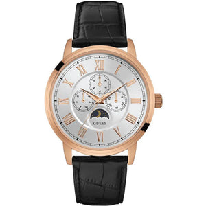 Guess Delancy W0870G2 men's watch with rose gold case, silver dial with moon phase, and black leather strap