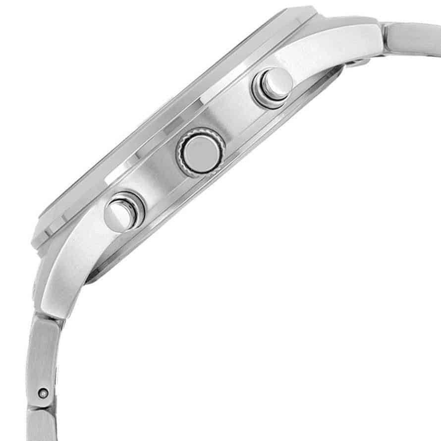 Left angled view of Guess Hudson W0875G1 men's quartz battery watch showing silver metal bracelet and sleek case profile