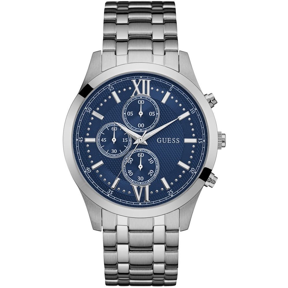 Guess Hudson W0875G1 men's quartz battery watch with blue textured dial, multi-function sub-dials, silver case, silver stainless steel bracelet main view