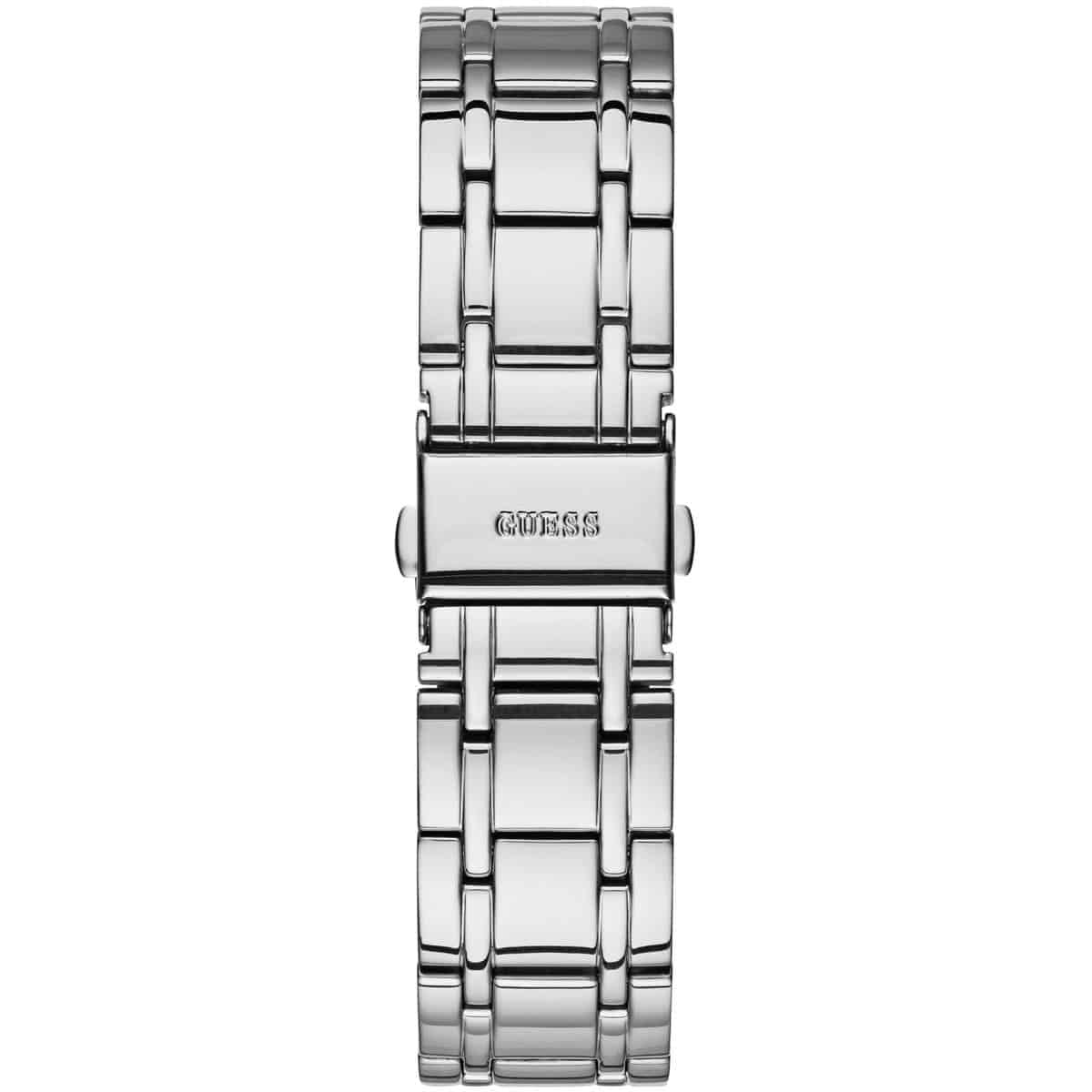 Silver-tone stainless steel push-button deployment clasp on the metal bracelet of the Guess W0933L1