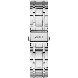 Silver-tone stainless steel push-button deployment clasp on the metal bracelet of the Guess W0933L1