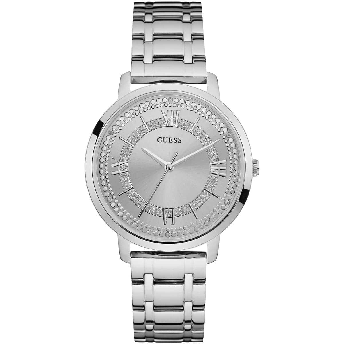 Guess Montauk W0933L1 women's watch featuring a silver-tone stainless steel case, silver glitter dial, and silver link bracelet