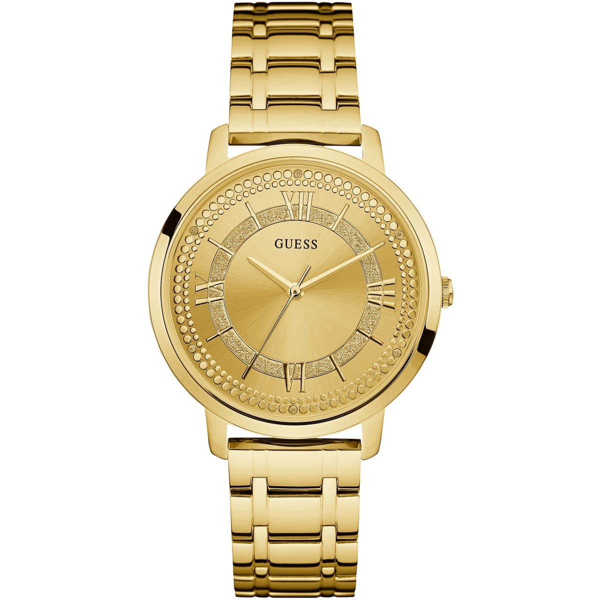 Guess Montauk W0933L2 women's watch featuring a gold-tone stainless steel case, gold glitter dial, and gold link bracelet