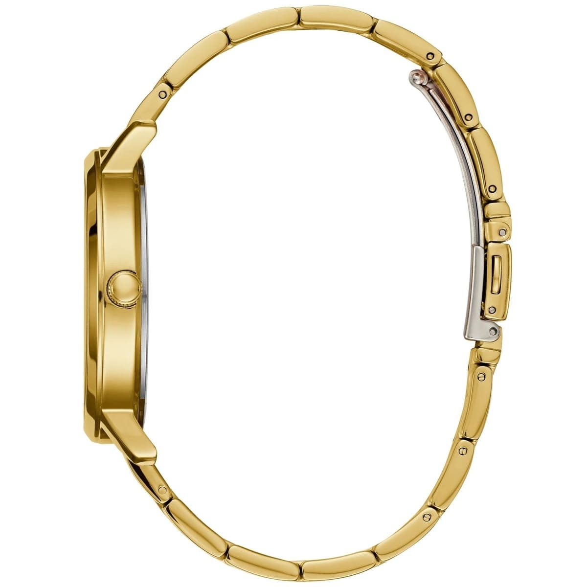 Left side perspective of the gold case and classic link bracelet details of the Guess watch