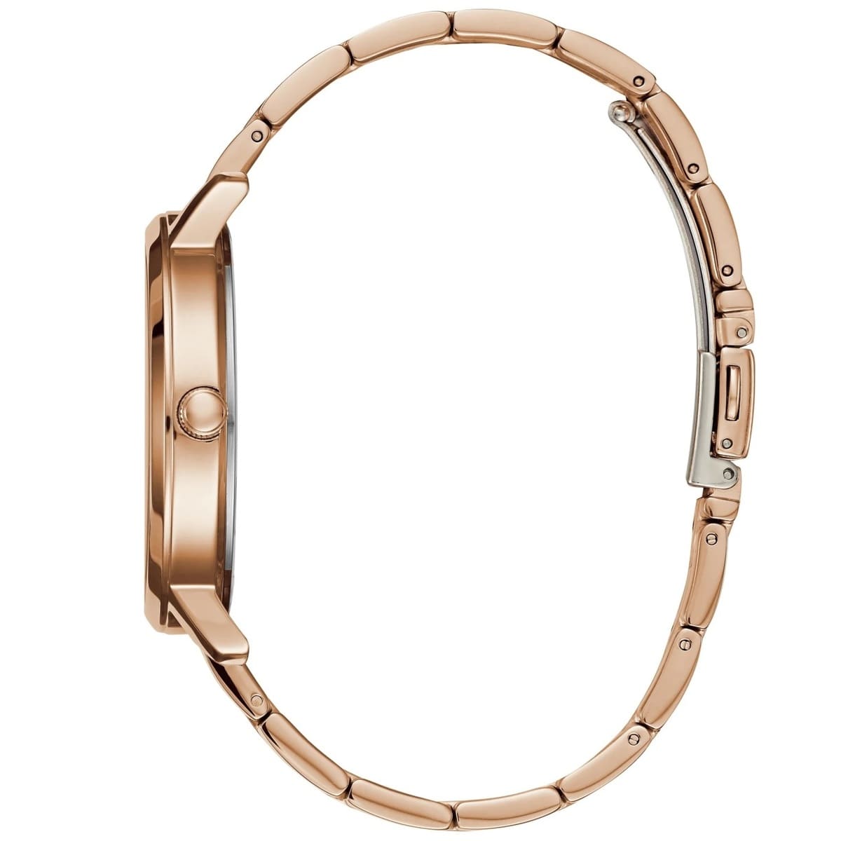 Angled view of Guess W0933L3 highlighting the polished rose gold-tone case and integrated stainless steel bracelet