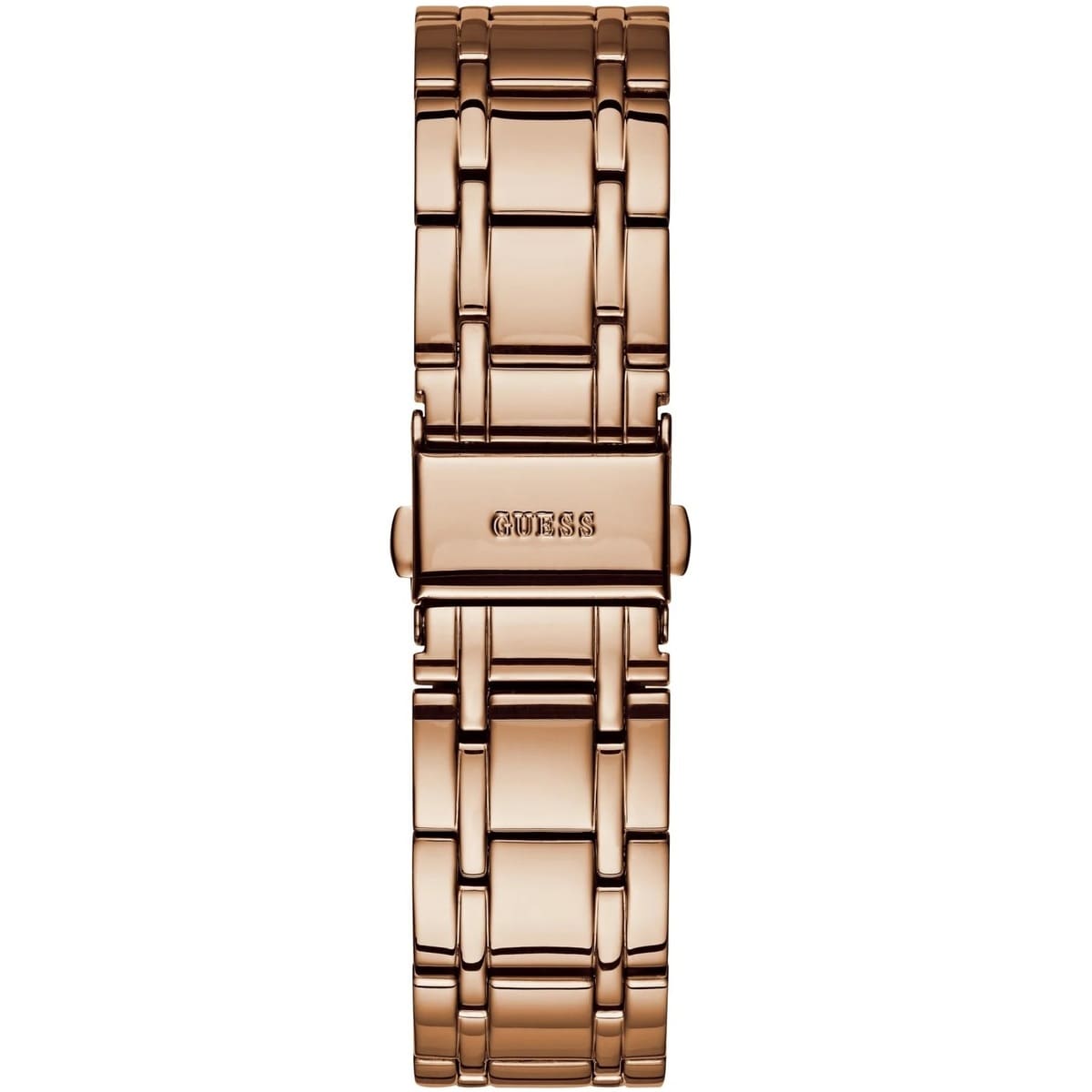 Rose gold-tone stainless steel push-button deployment clasp on the metal bracelet of the Guess W0933L3