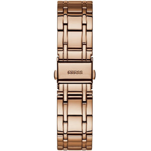 Rose gold-tone stainless steel push-button deployment clasp on the metal bracelet of the Guess W0933L3