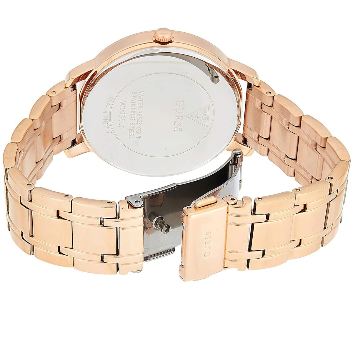 Rose gold-tone stainless steel push-button deployment clasp on the metal bracelet of the Guess W0933L3