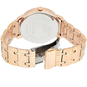 Rose gold-tone stainless steel push-button deployment clasp on the metal bracelet of the Guess W0933L3