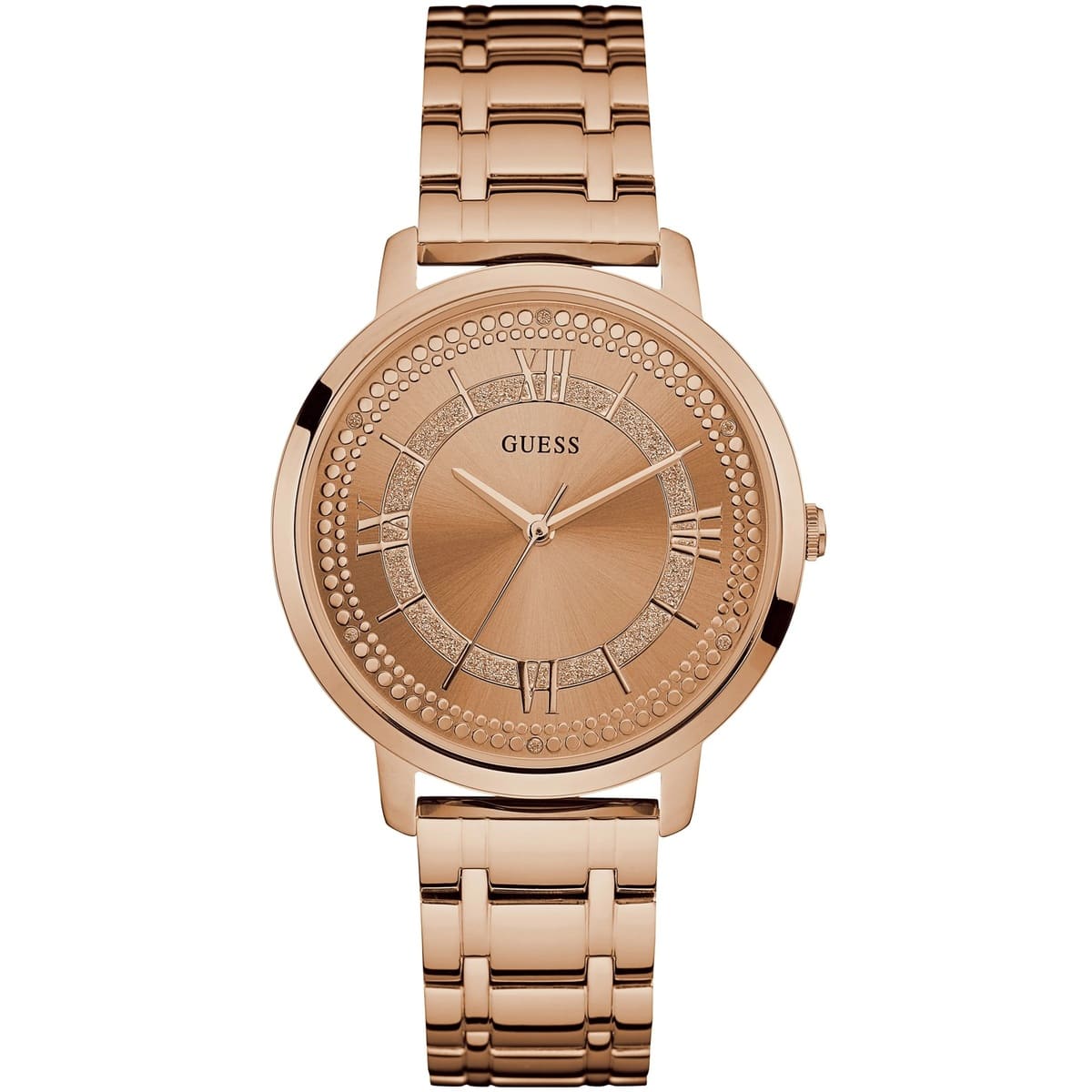 Guess Montauk W0933L3 women's watch featuring a rose gold-tone stainless steel case, rose gold glitter dial, and rose gold link bracelet
