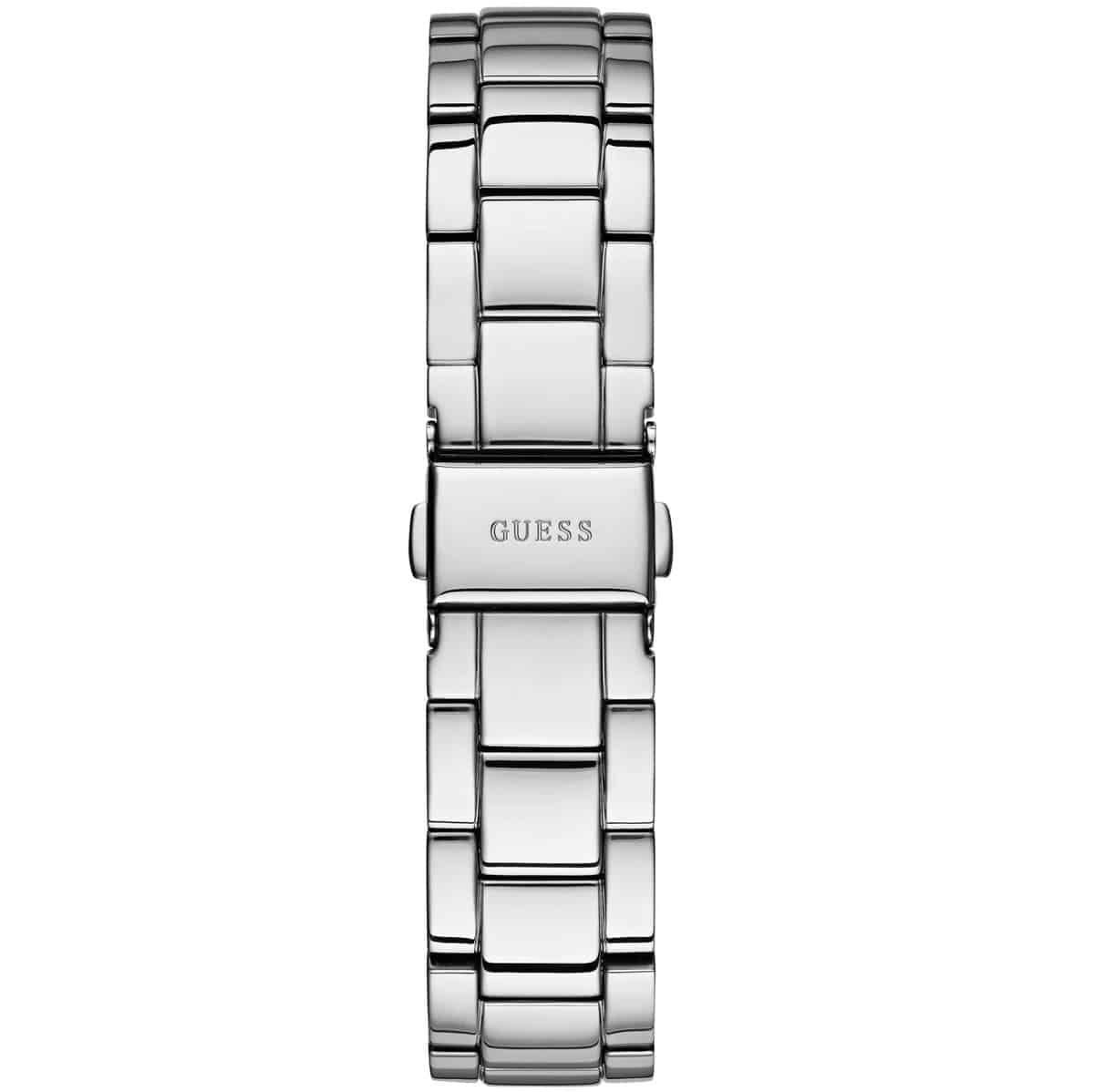 Silver-tone deployment clasp on the stainless steel bracelet of the Guess W0987L1