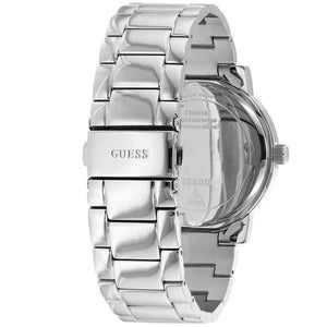 Caseback of Guess Constellation W1006L1 women's quartz battery watch showing technical specs 30m water resistance and stainless steel material