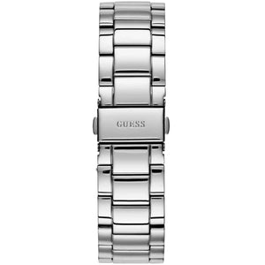 Silver-tone deployment clasp on Guess Constellation W1006L1 women's quartz battery silver stainless steel bracelet watch