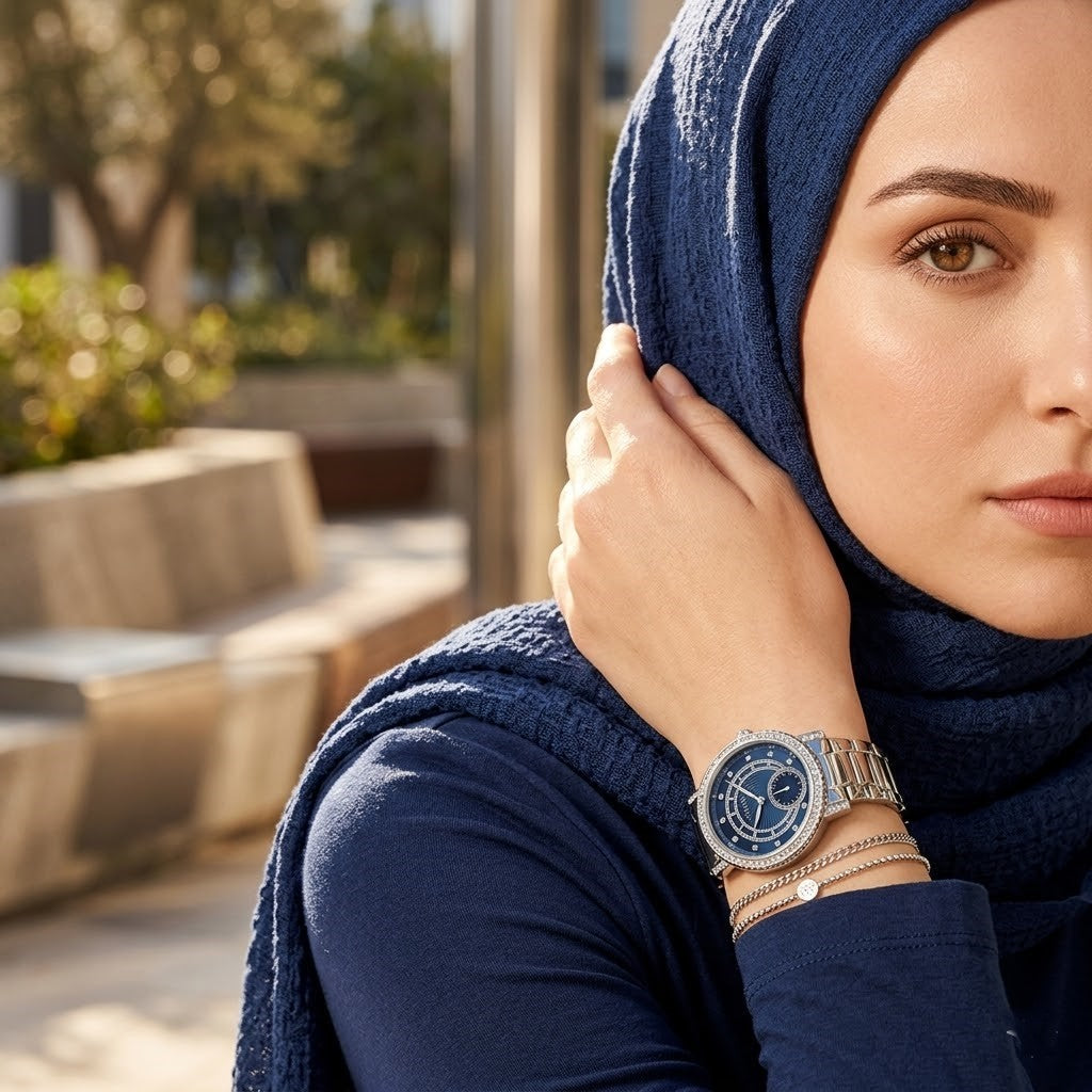 Elegant woman wearing Guess Constellation W1006L1 women's quartz battery watch with silver case and luxury silver metal bracelet