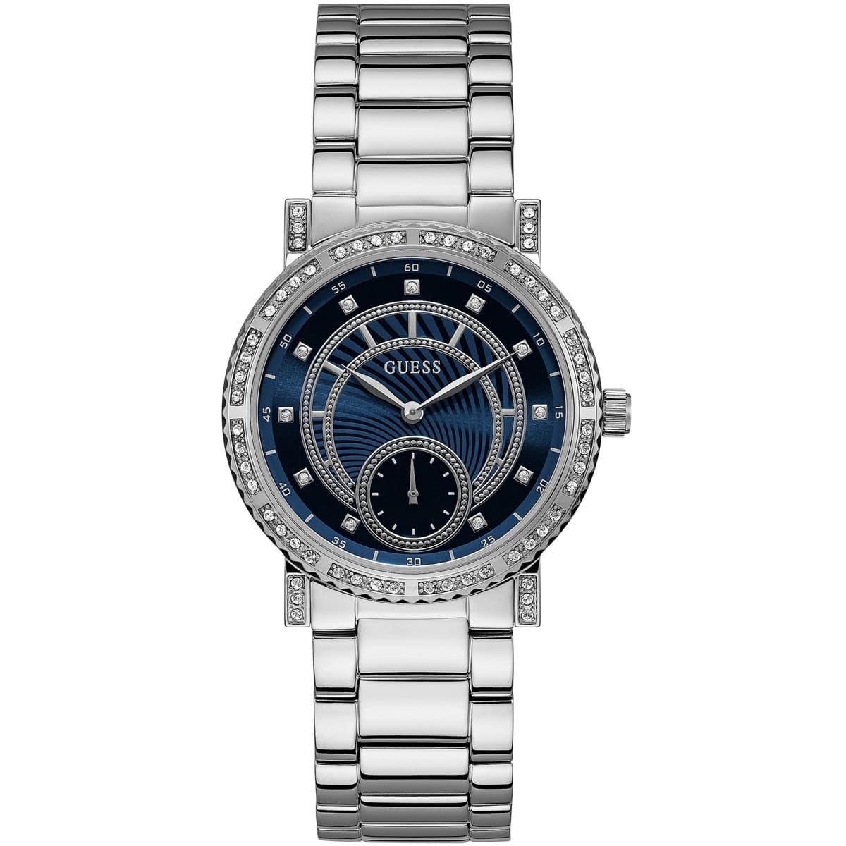 Guess Constellation W1006L1 women's quartz battery watch with blue textured dial, crystal hour markers, silver case with crystal bezel, silver stainless steel bracelet main view