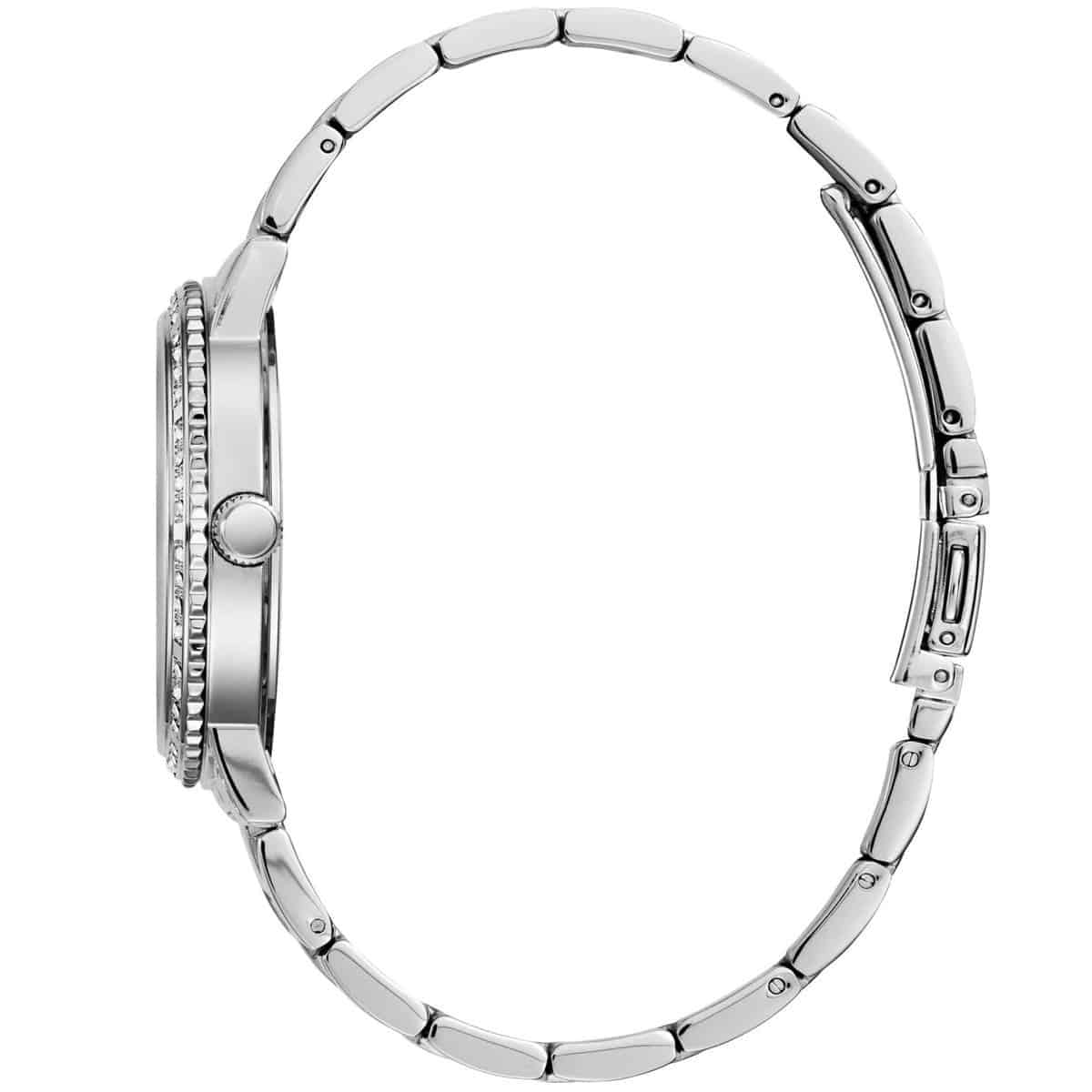 Side profile of Guess Constellation W1006L1 women's quartz battery watch showing 10mm thickness and polished silver finish
