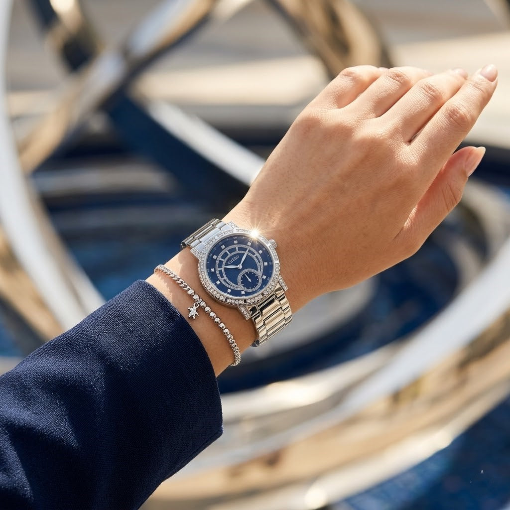 Close up of Guess Constellation W1006L1 women's quartz battery watch on wrist showing blue textured dial and luxury crystal bezel