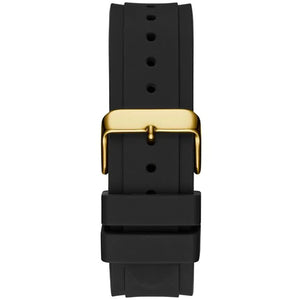 Gold-tone buckle clasp on Guess Legacy W1049G5 men's quartz battery black rubber strap watch
