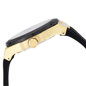 Side profile of Guess Legacy W1049G5 men's quartz battery watch showing 11mm thickness and gold finish