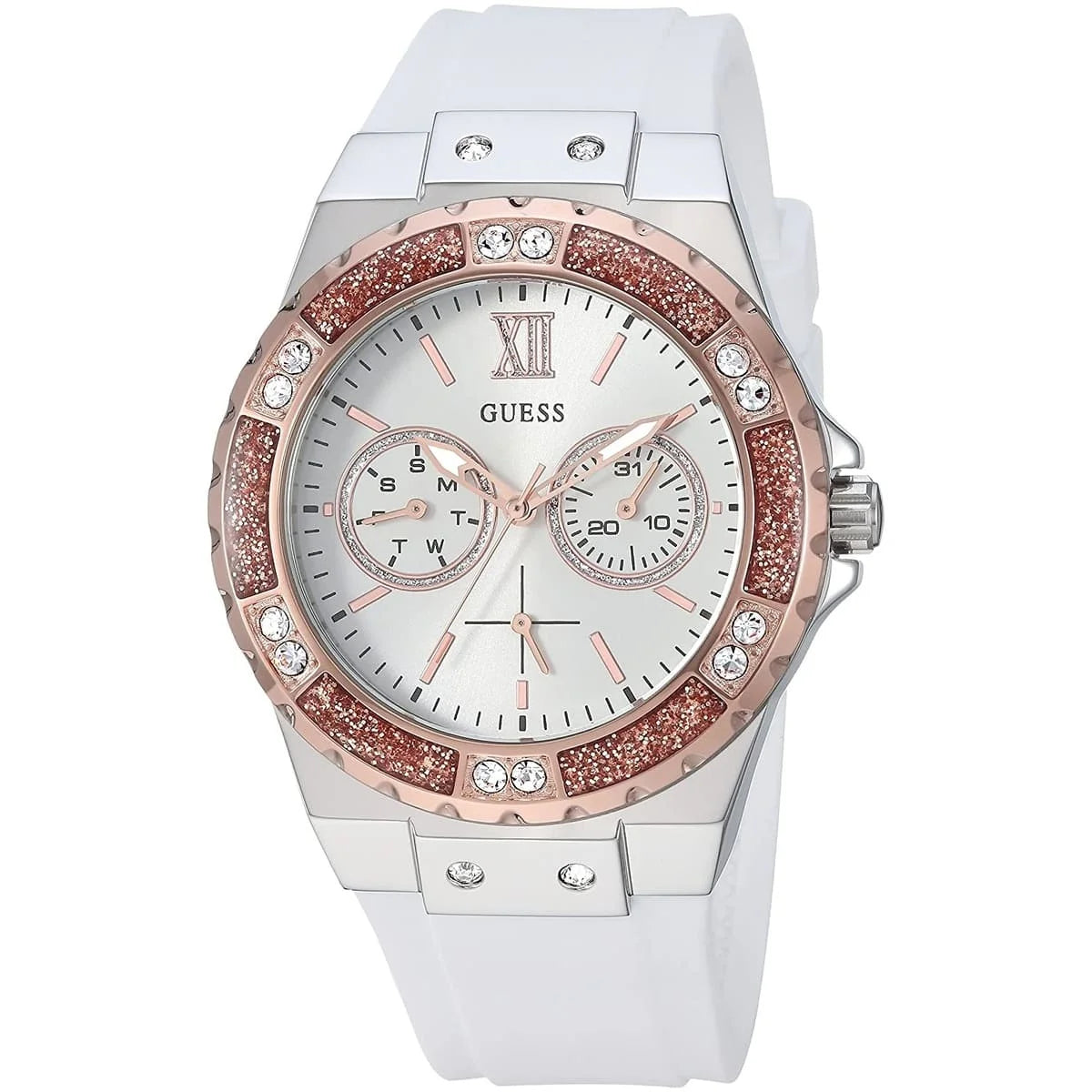 Guess watch with rose gold case and white strap on a white background