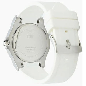 White silicone strap watch with a silver-tone case, showing the back of the watch with GUESS branding and a white buckle.