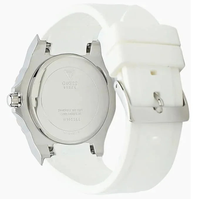 White silicone strap watch with a silver-tone case, showing the back of the watch with GUESS branding and a white buckle.