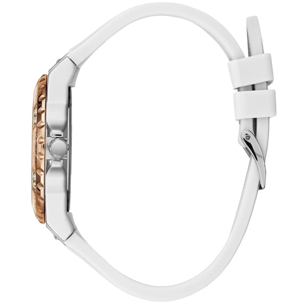Close-up of a watch with a white strap and rose gold case on a white background