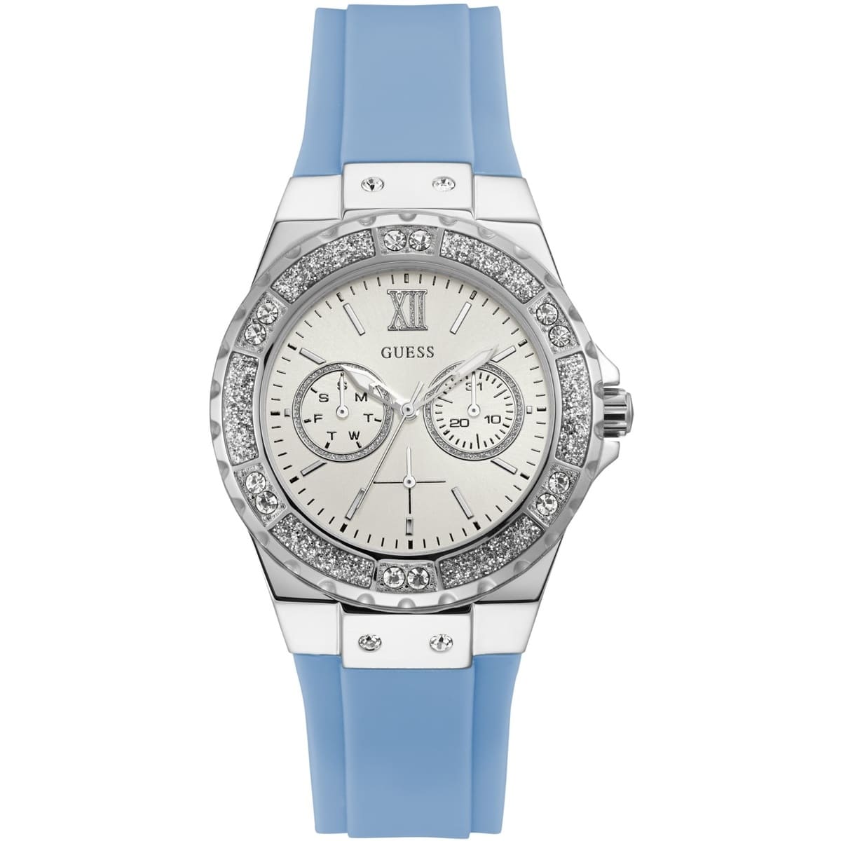 Guess Limelight W1053L5 women's watch featuring a silver-tone case with crystal bezel, white multi-function dial, and sky blue rubber strap