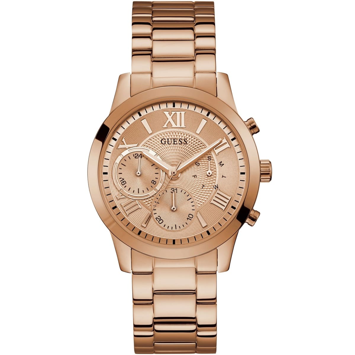 Front view of Guess Solar W1070L3 watch with rose gold dial and rose gold metal strap