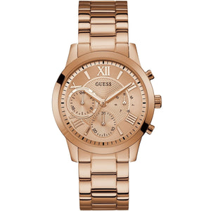 Front view of Guess Solar W1070L3 watch with rose gold dial and rose gold metal strap