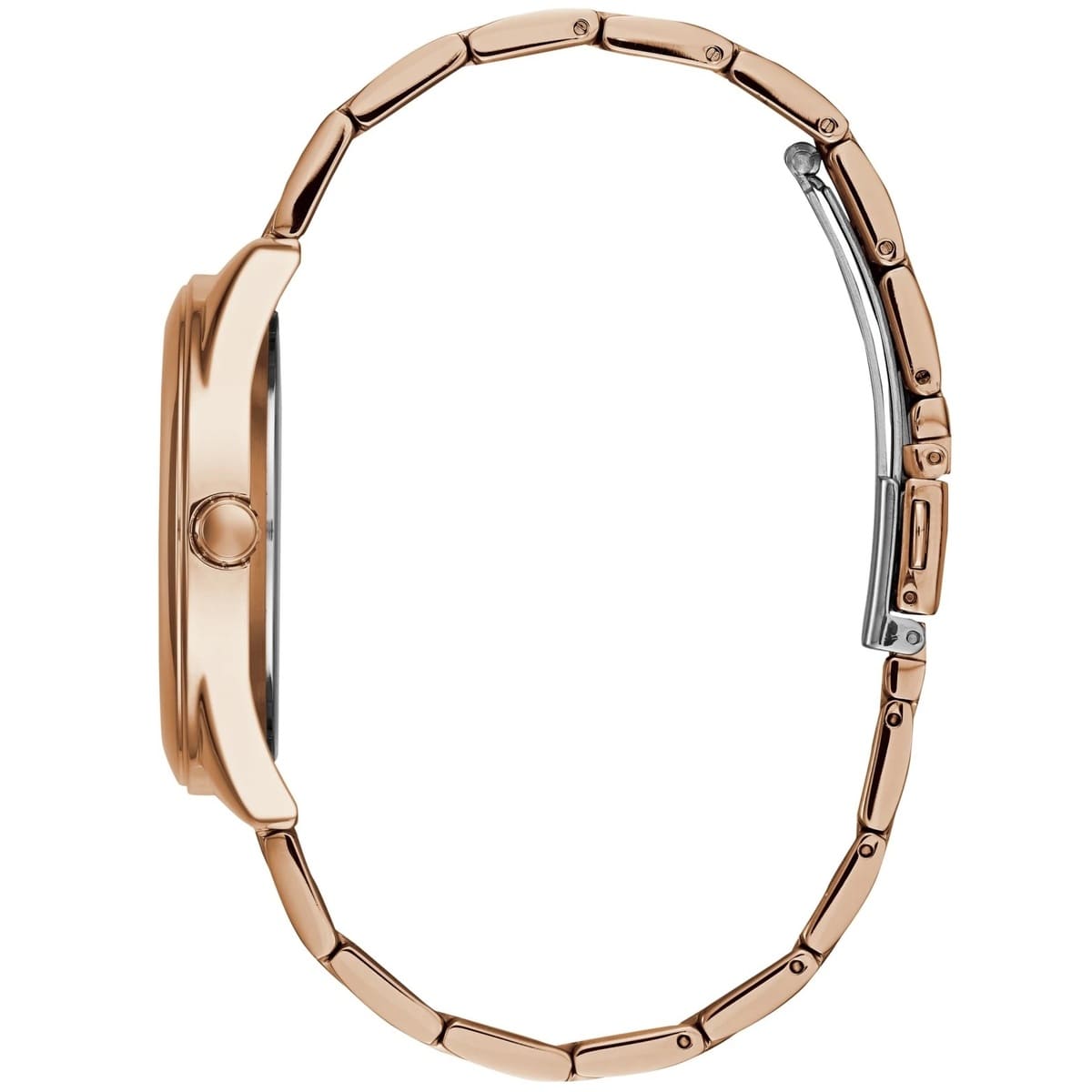 Detailed side view of the rose gold crown on the Guess W1082L3