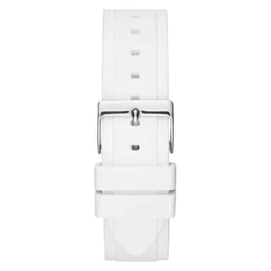 Silver-tone buckle clasp on Guess Zena W1094L1 women's quartz battery white rubber strap watch