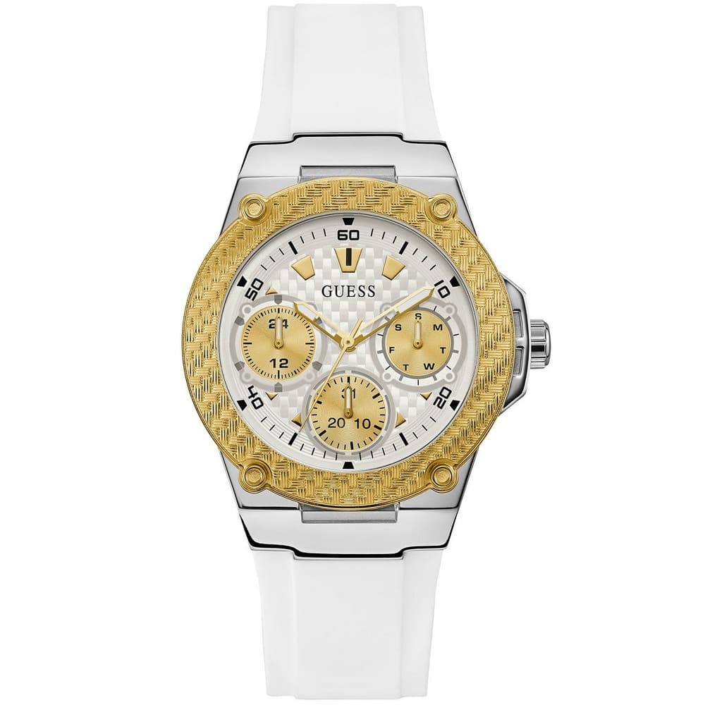 Guess Zena W1094L1 women's quartz battery watch with white carbon fiber dial, gold-tone multi-function sub-dials, silver and gold case, white rubber strap main view