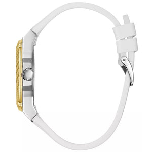 Side profile of Guess Zena W1094L1 women's quartz battery watch showing 10mm thickness and polished silver finish