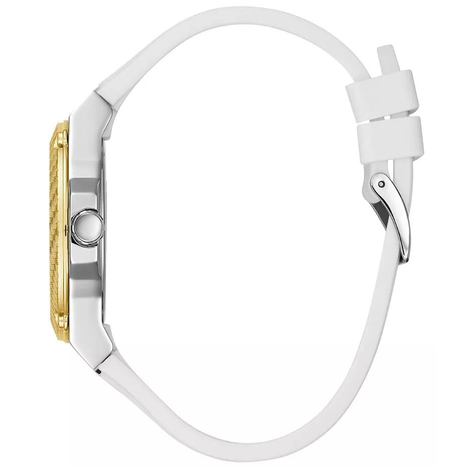 Side profile of Guess Zena W1094L1 women's quartz battery watch showing 10mm thickness and polished silver finish