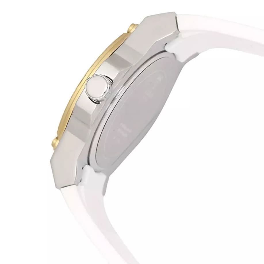 Side profile of Guess Zena W1094L1 women's quartz battery watch showing 10mm thickness and polished silver finish
