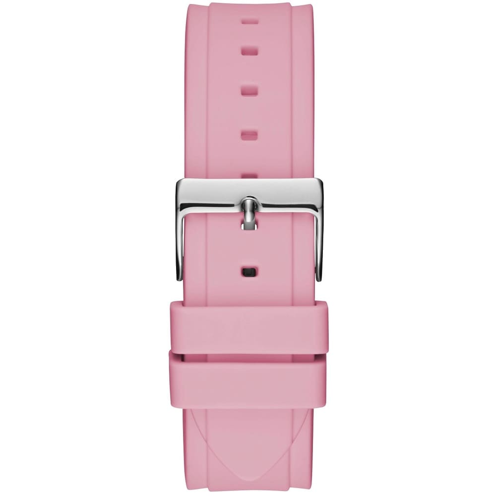 Silver-tone buckle clasp on Guess Zena W1094L4 women's quartz battery pink rubber strap watch