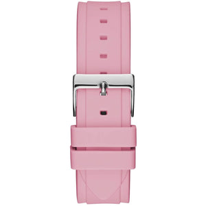 Silver-tone buckle clasp on Guess Zena W1094L4 women's quartz battery pink rubber strap watch