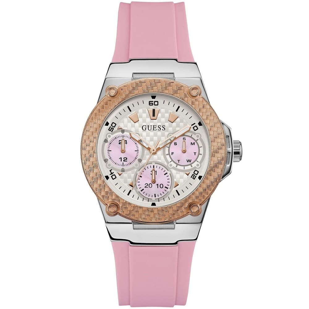 Guess Zena W1094L4 women's quartz battery watch with white carbon fiber dial, pink multi-function sub-dials, silver and rose gold case, pink rubber strap main view